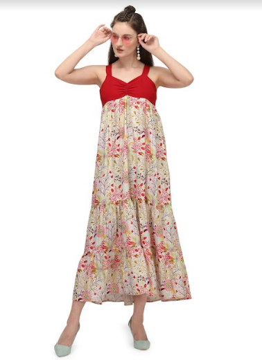 Women's Red Hot Baby Yoke Digital Printed Flarry Long Tunic Dress - MESMORA FASHIONS