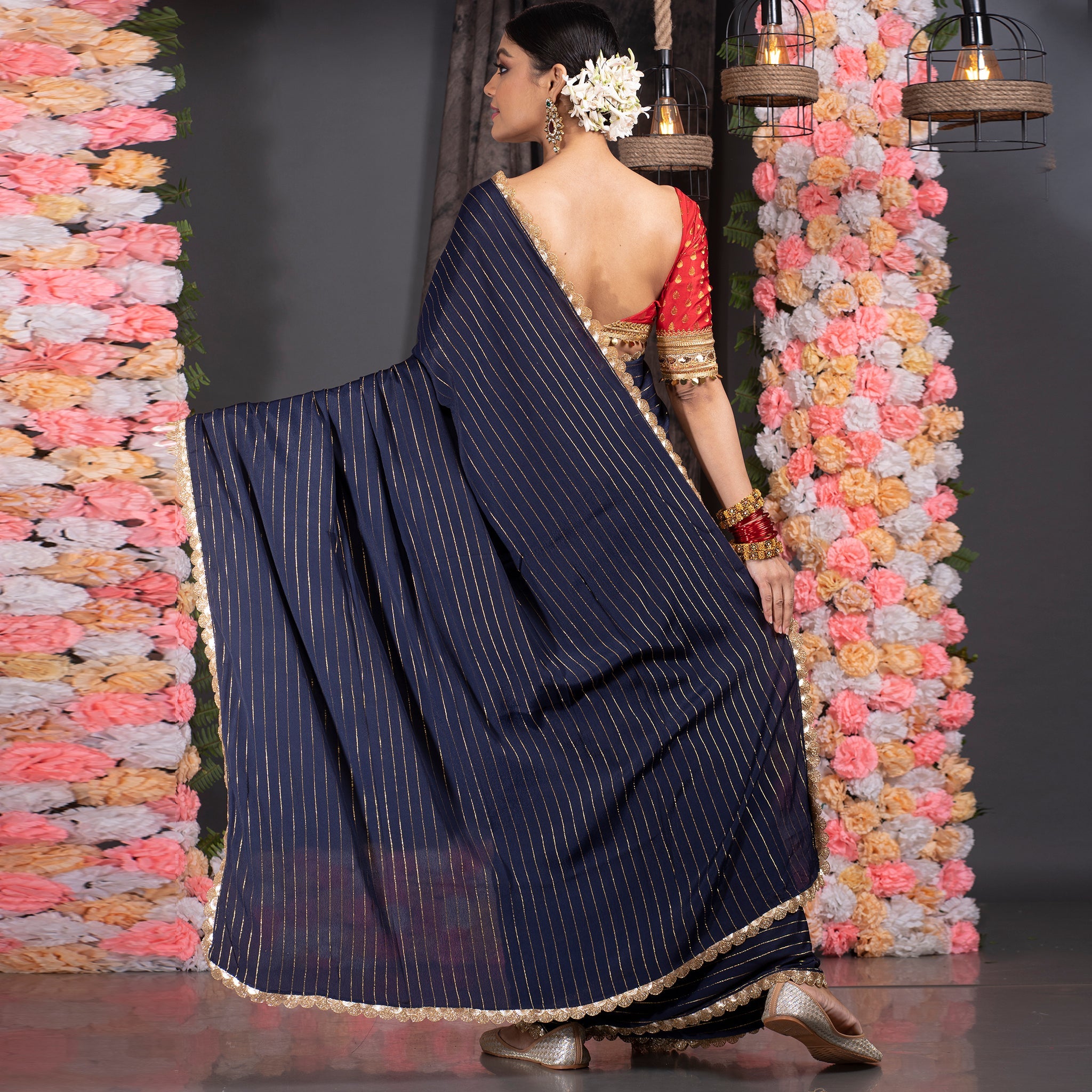 Women's Navy Blue Georgette Saree With Lurex Gold Stripes And Scallop Embroidered Border - Boveee