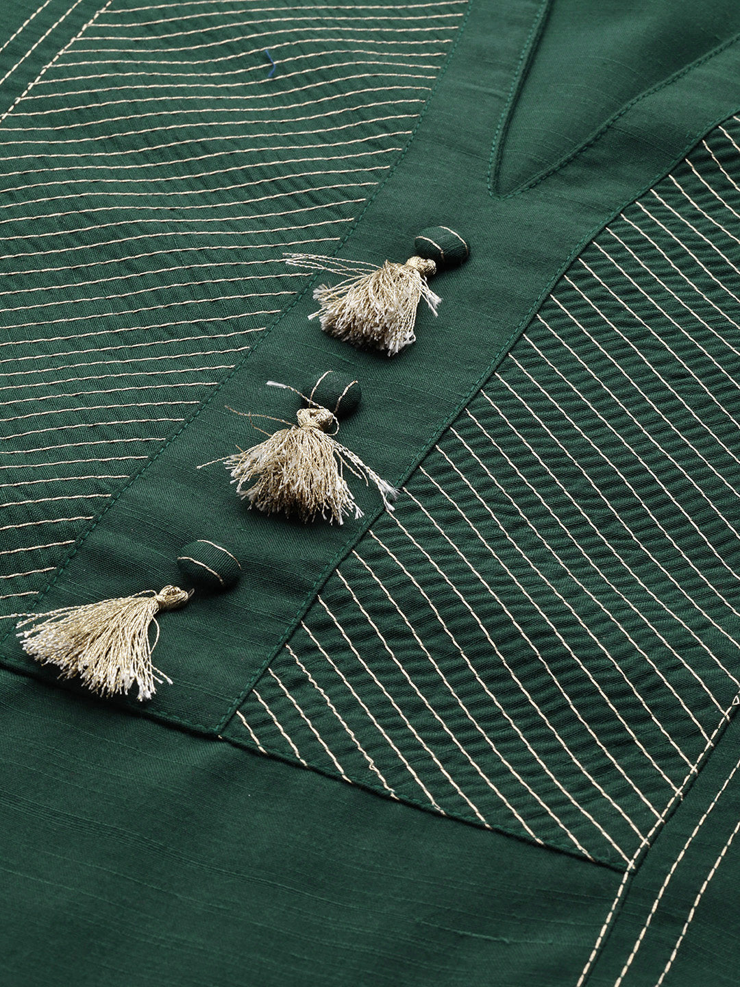 Women's Green Tasseled Cotton Silk Kurta set with Trousers