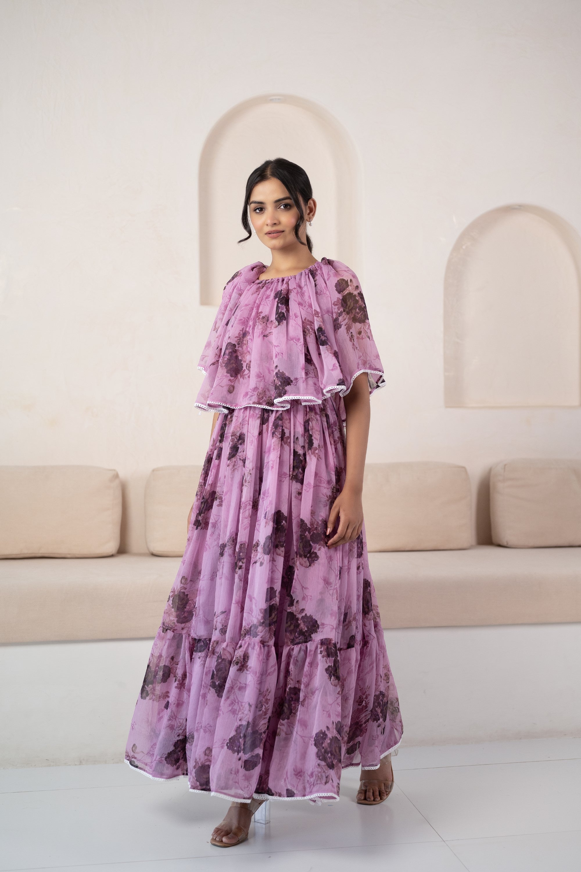 Purple Off-Shoulder Gown For Women By Saras The Label- (1Pc Set)