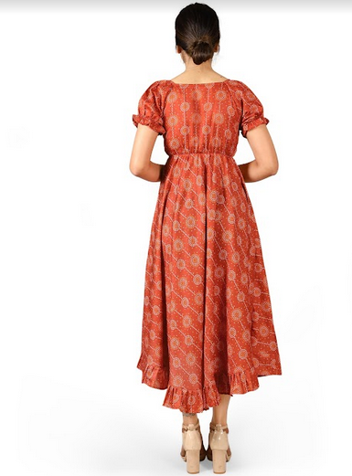 Women's Dusty Ornage Bandhni Digital Printed Puff Sleeves Long Flarry Tunic Dress - MESMORA FASHIONS