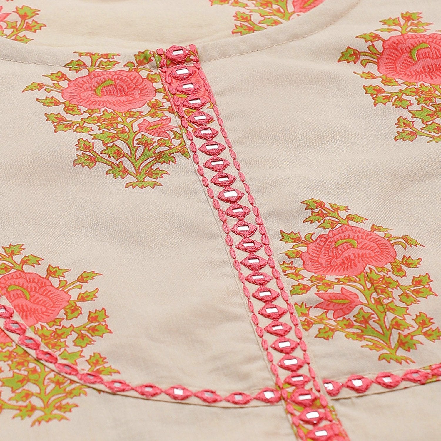 Women's Beige Cotton Printed Printed 3/4 Sleeve Round Neck Casual Kurta Pant Set - Myshka