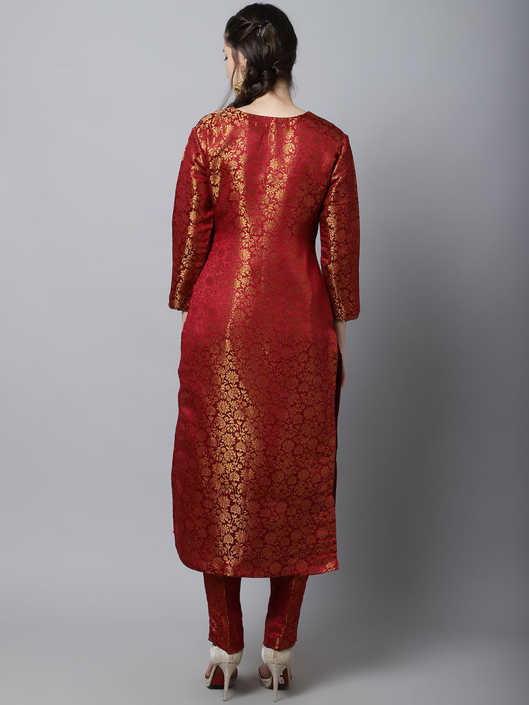 Women's Maroon Brocade Straight Kurti With Straight Pants
