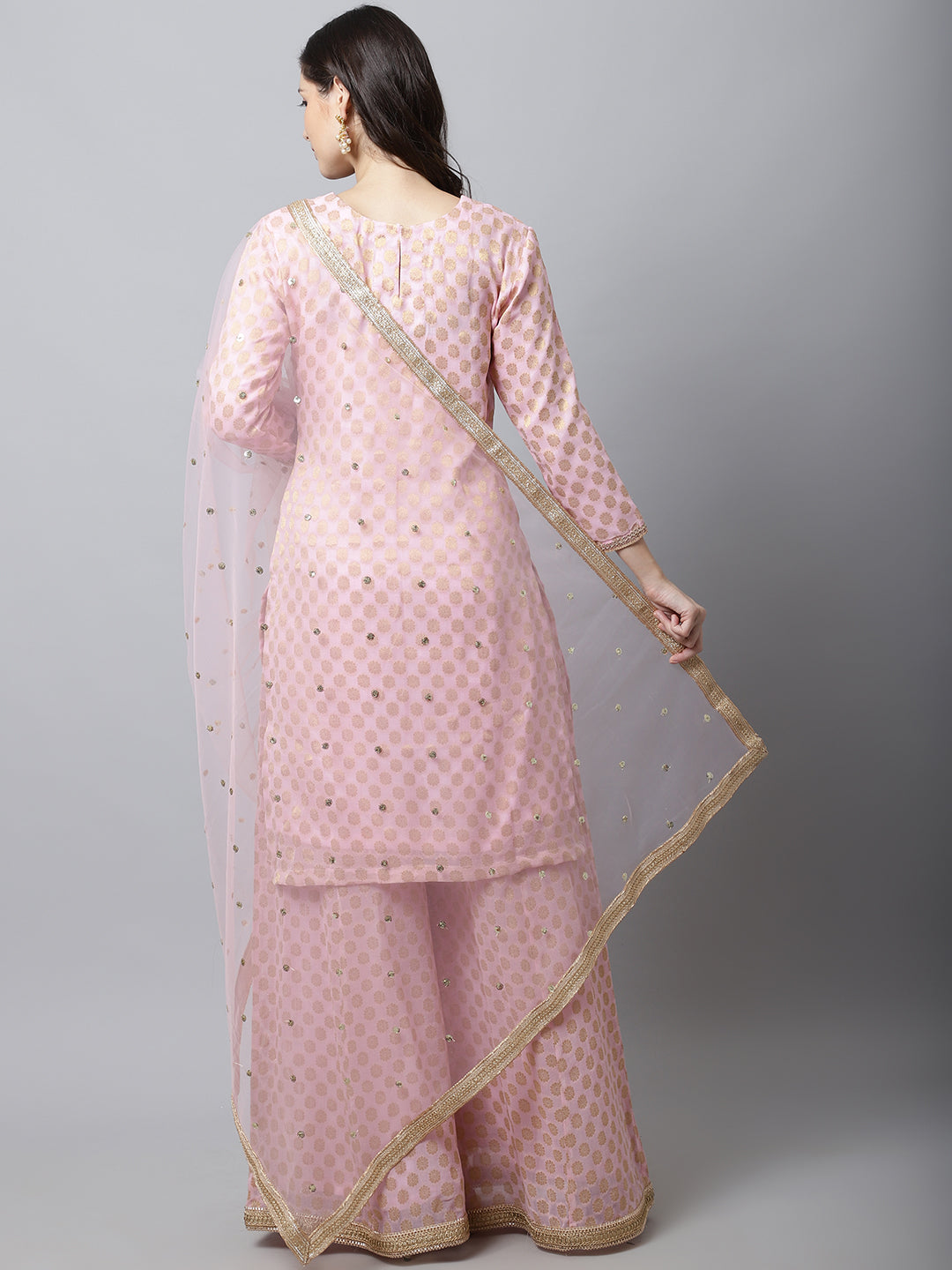 Women's Baby Pink Straight Banarasi Kurti With Flared Palazzo And Dupatta - Anokherang