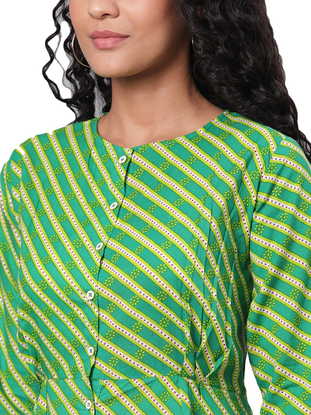 Women's Green Printed 3/4 Sleeve Cotton Round Neck Casual Dress - Myshka