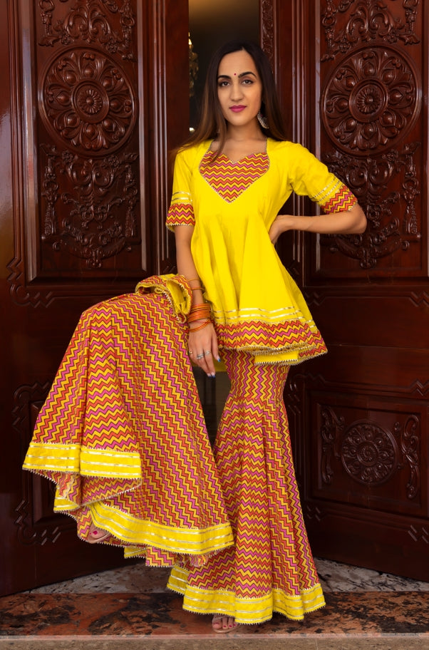 Women's Tuscan Yellow Cotton Sharara Set  - Pomcha Jaipur