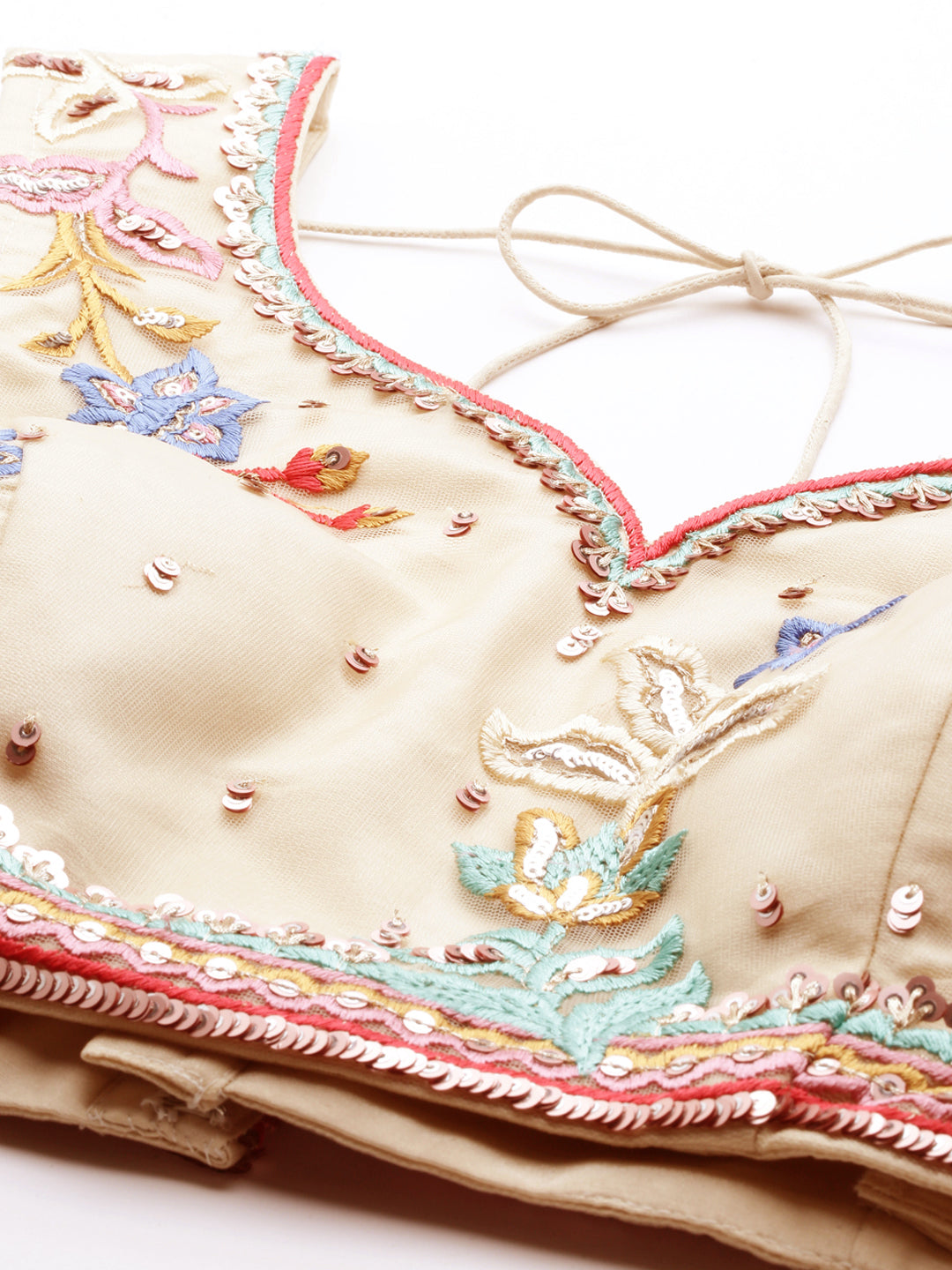 Women's Cream Net Multi Colour Thread & Sequince Work Lehenga & Blouse, Dupatta - Royal Dwells