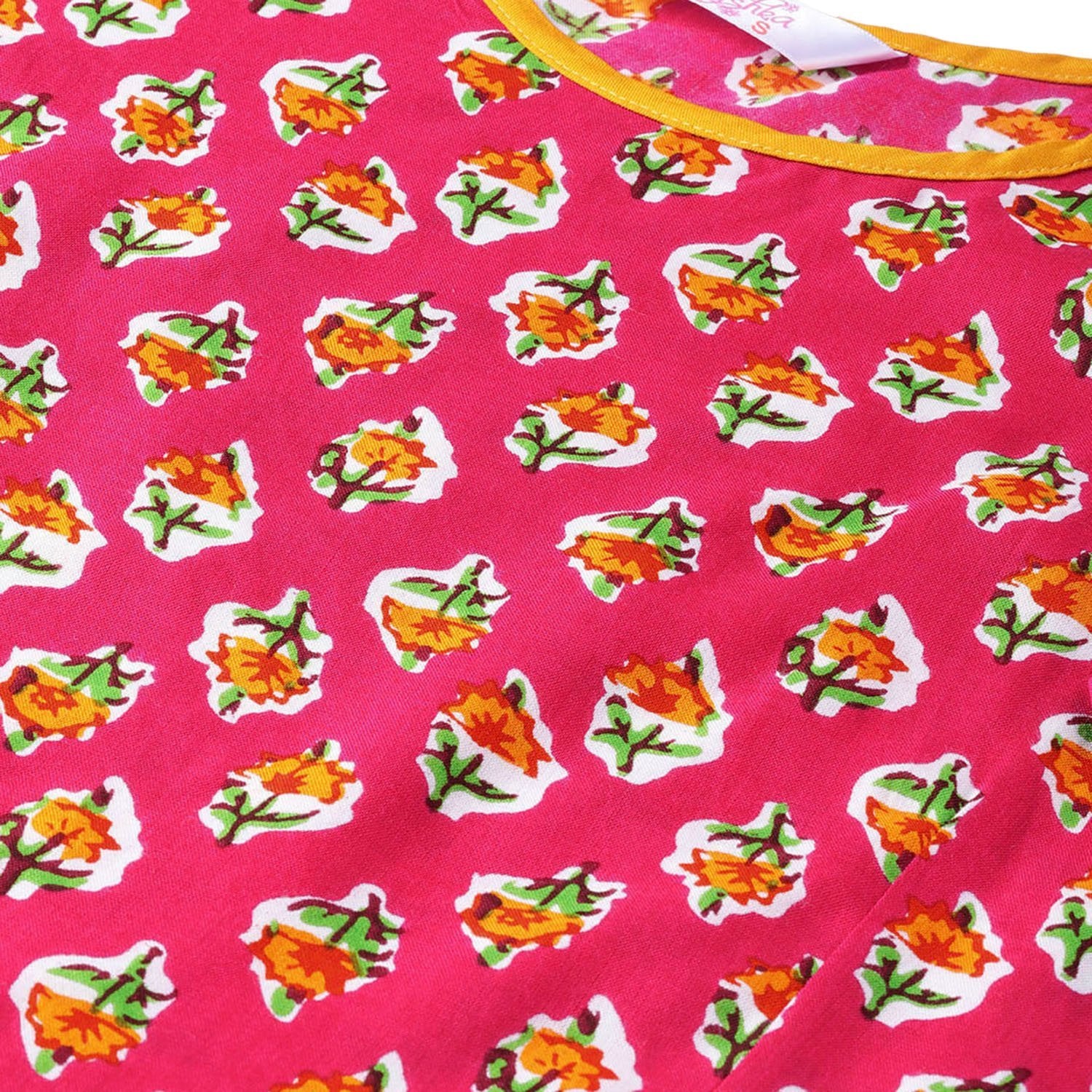 Women's Pink Rayon Printed 3/4 Sleeve Round Neck Casual Dress - Myshka