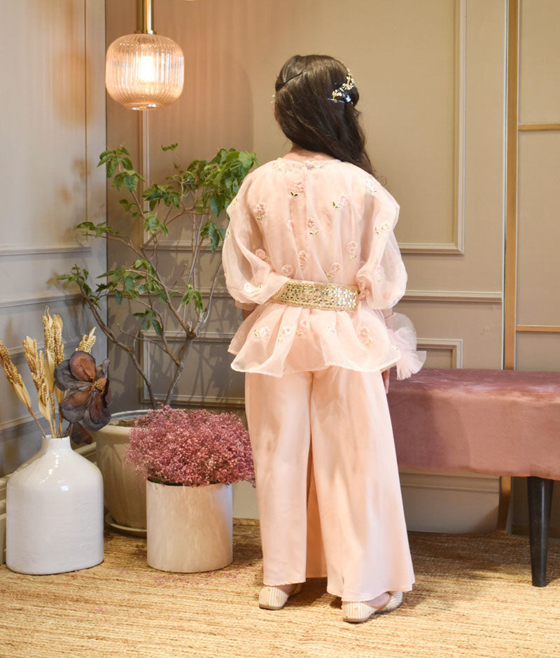 Girl's Peach Crepe Jumpsuit And Organza Cape