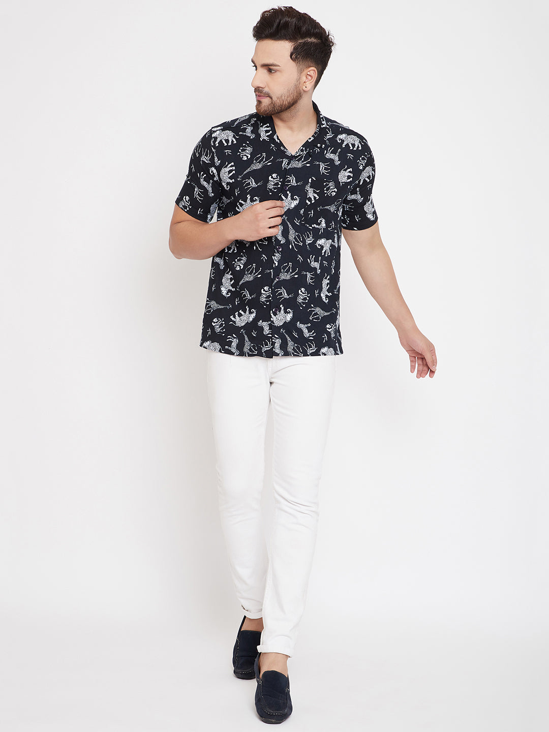 Men's Printed Black Cuban Collar Shirt