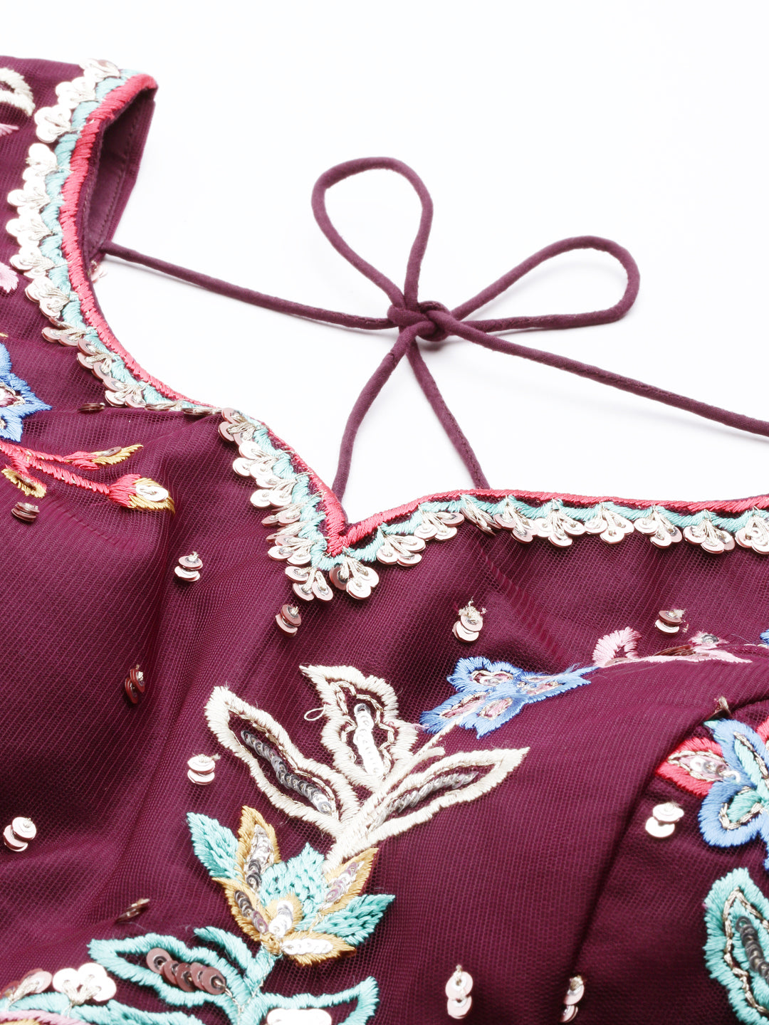 Women's Burgundy Net Multi Colour Thread & Sequince Work Lehenga & Blouse, Dupatta - Royal Dwells