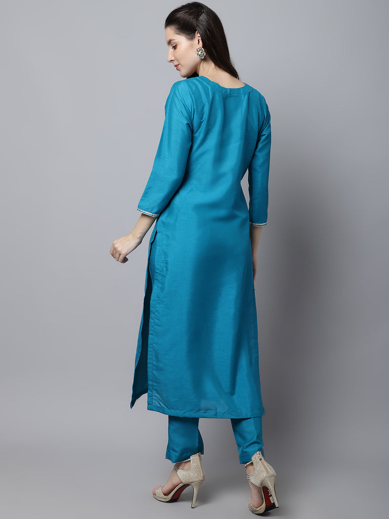 Women's Celeste Blue Silk Kurti With Straight Pants