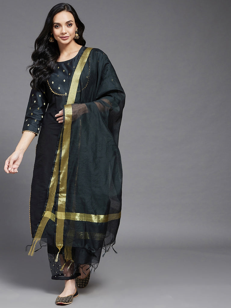 Women's Black Solid Side Slit Straight Kurta Palazzo And Dupatta Set