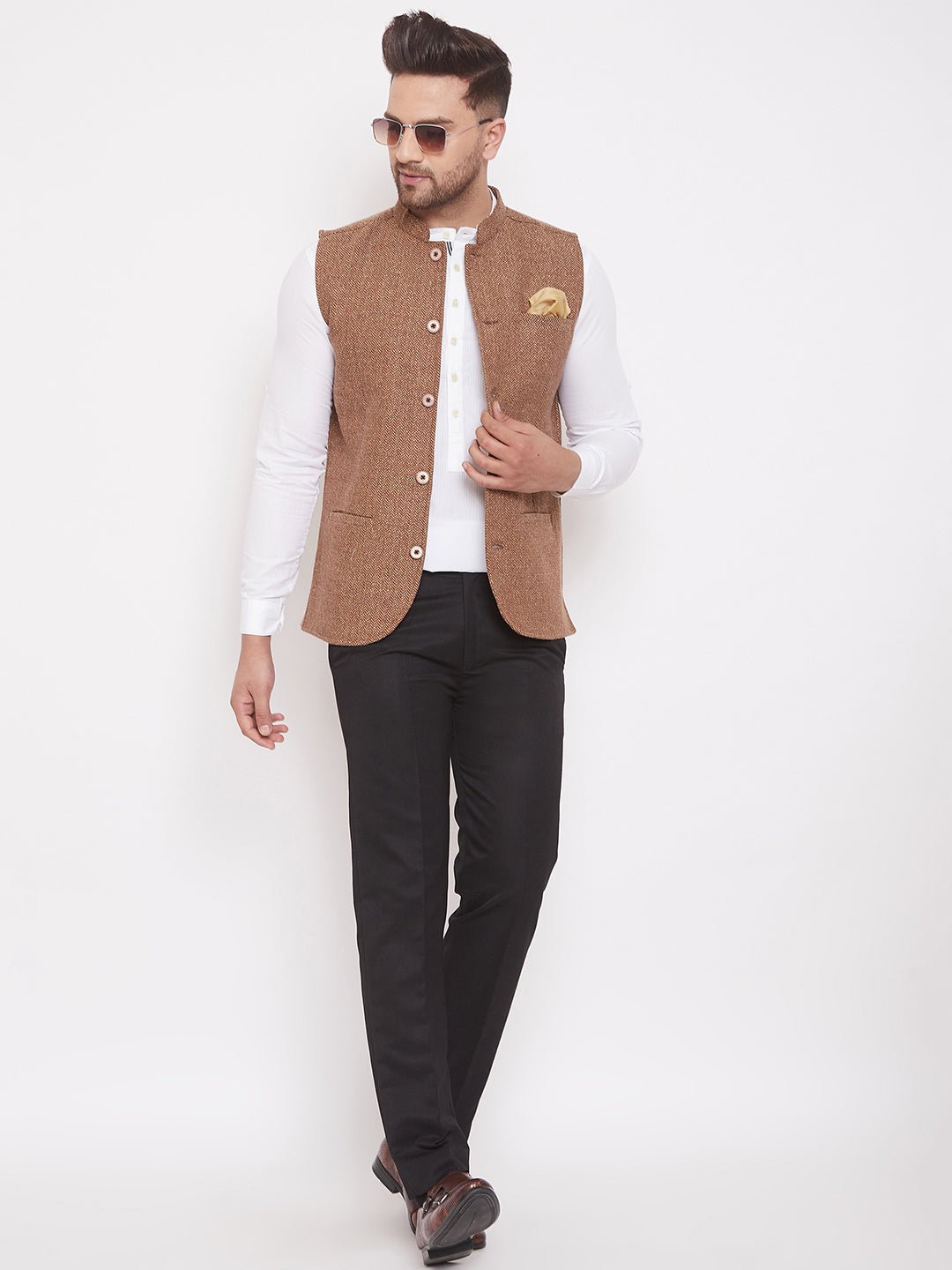 Men's Brown Woolen Tweed Nehru Jacket
