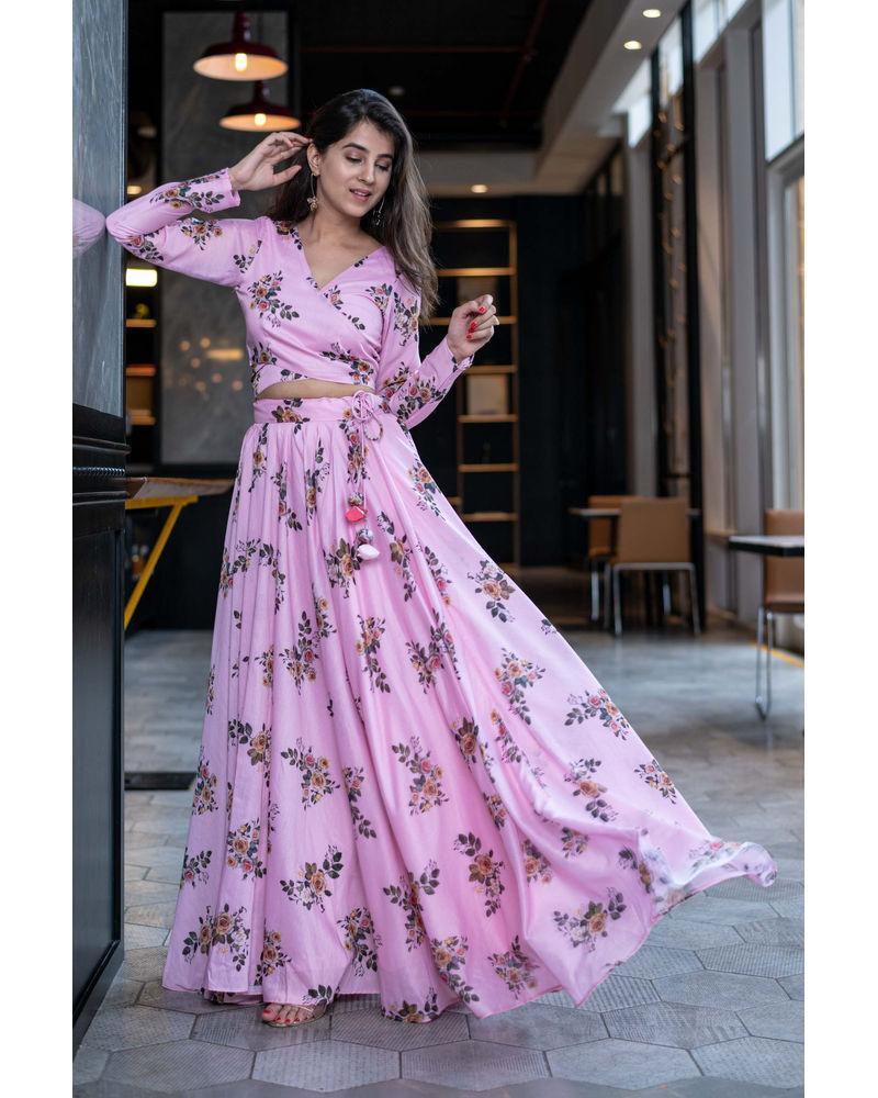 Women's Light Pink Floral Over Lap Top With Skirt - Label Shaurya Sanadhya