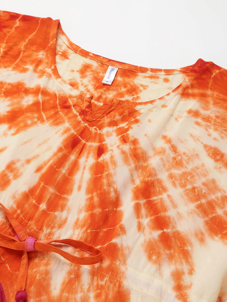 Women's Pink-orange Tie-Dye Rayon Kaftan Dress