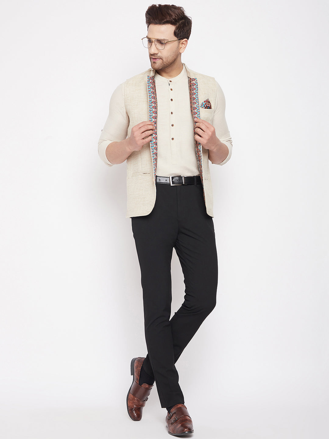 Men's Beige Color Woven Nehru Jacket - Even Apparels