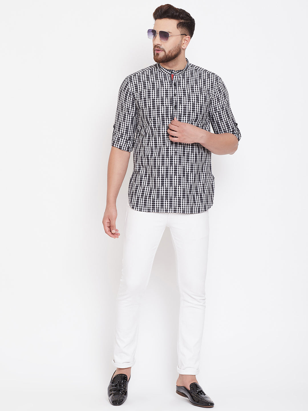 Men's Black and White Striped Nehru Kurta