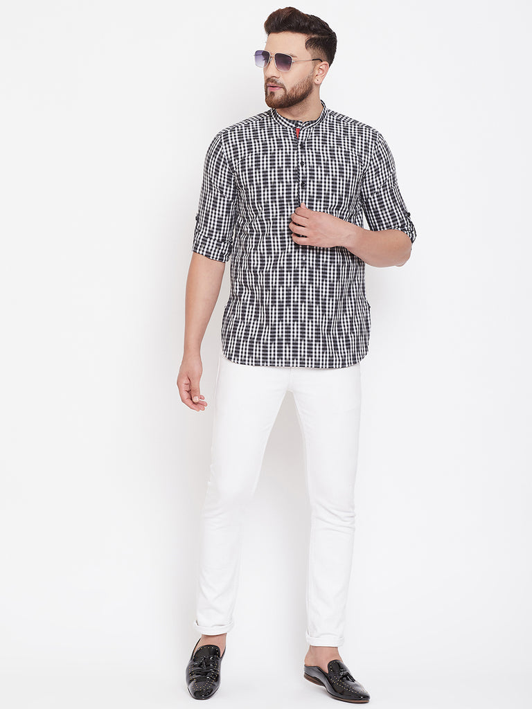 Men's Black and White Striped Nehru Kurta