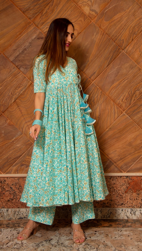 Women's Noor Blue Cotton Angrakha Set - Pomcha Jaipur
