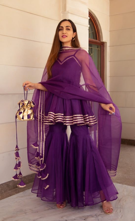 Women's Masakali Purple Organza Sharara Set - Pomcha Jaipur
