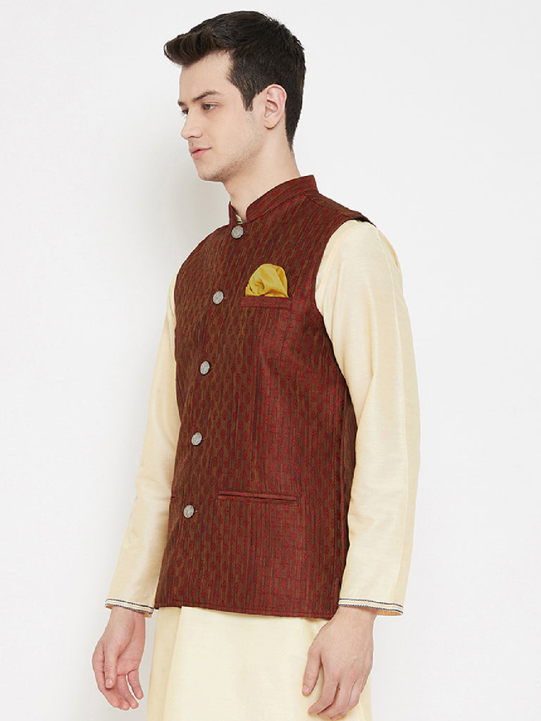 Men's Jacquard Maroon Silk Nehru Jacket