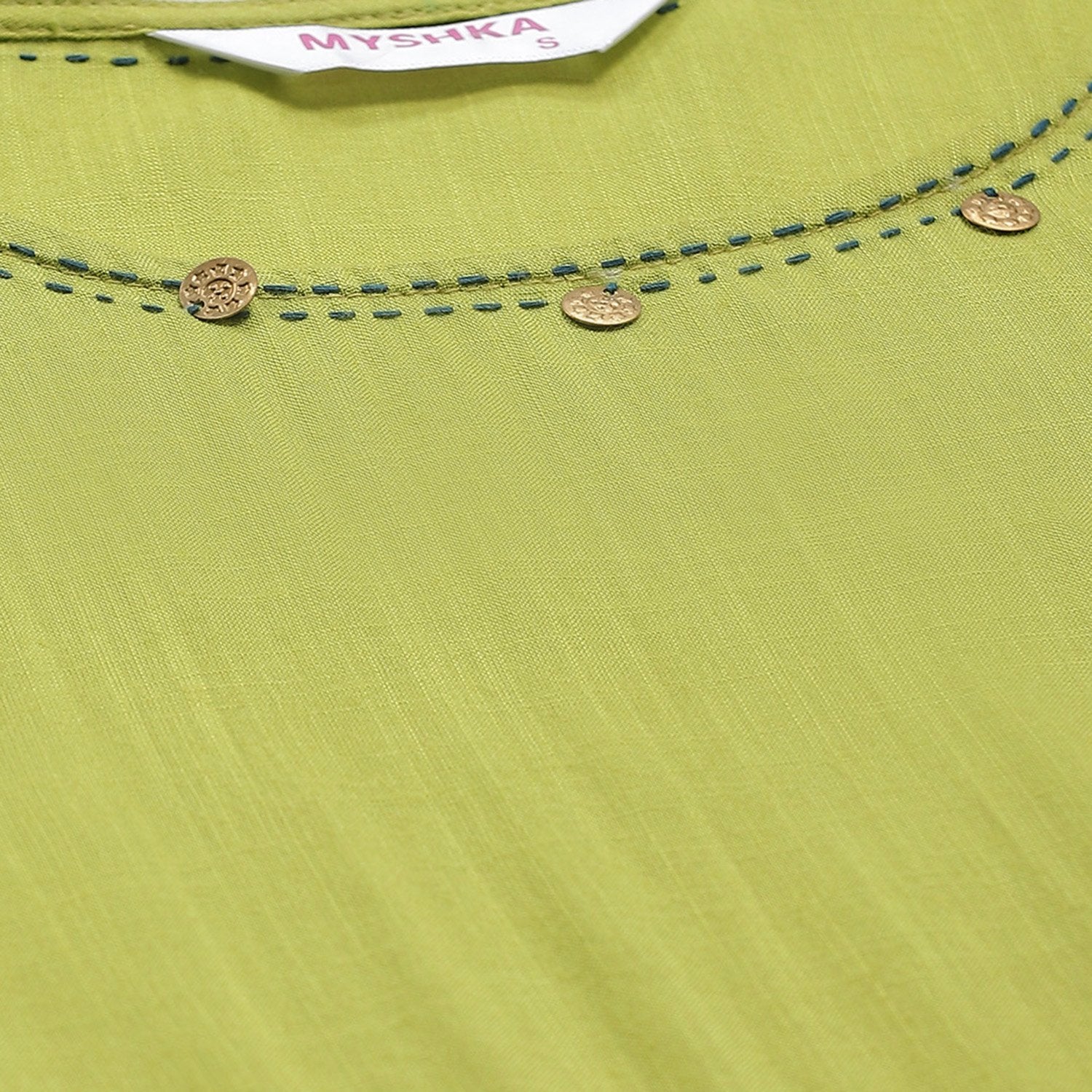 Women's Green Cotton Solid Full Sleeve Round Neck Casual Anarkali Kurta With Dupatta - Myshka