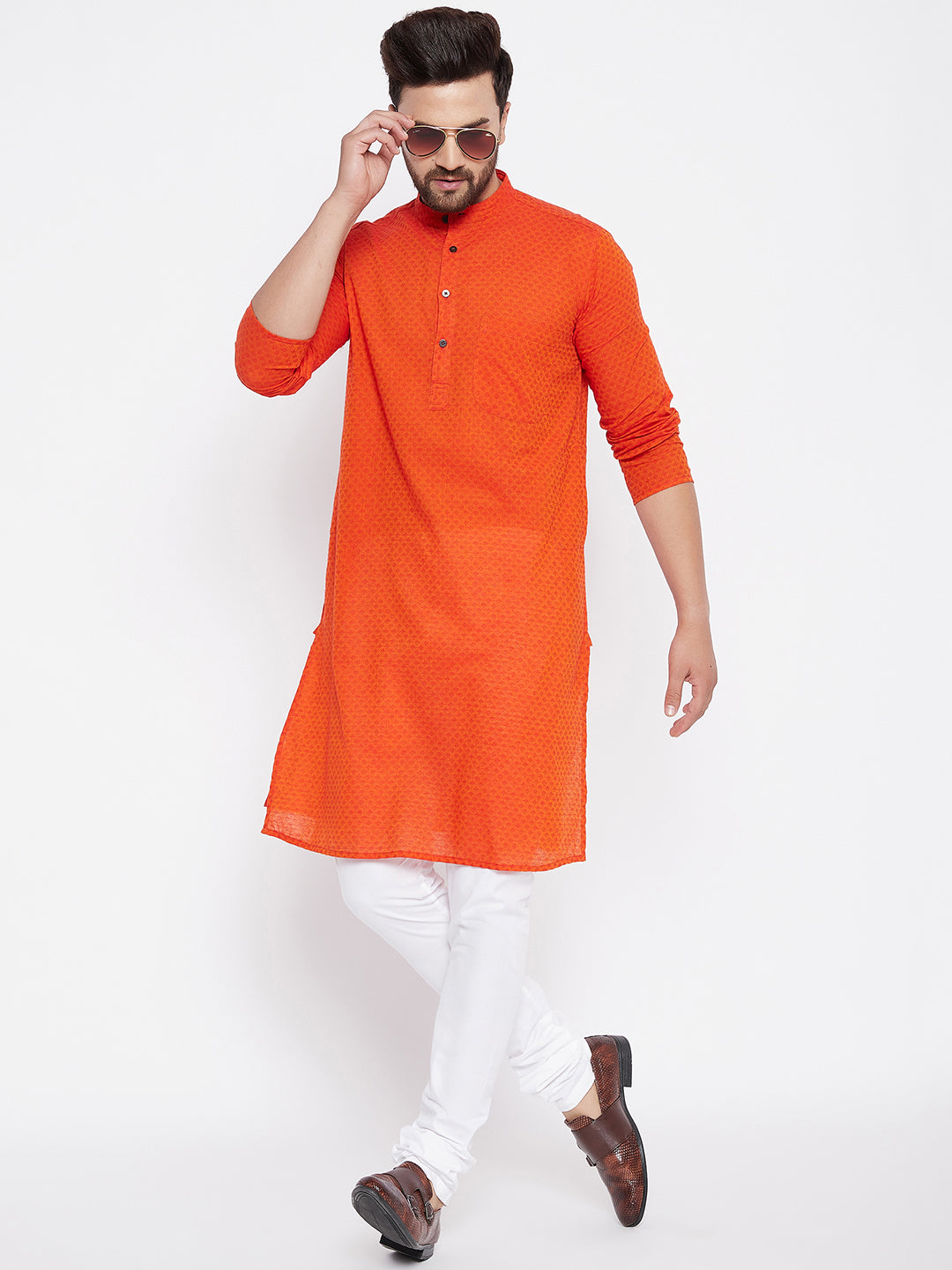 Men's Pure Cotton Orange Straight Kurta - Even Apparels