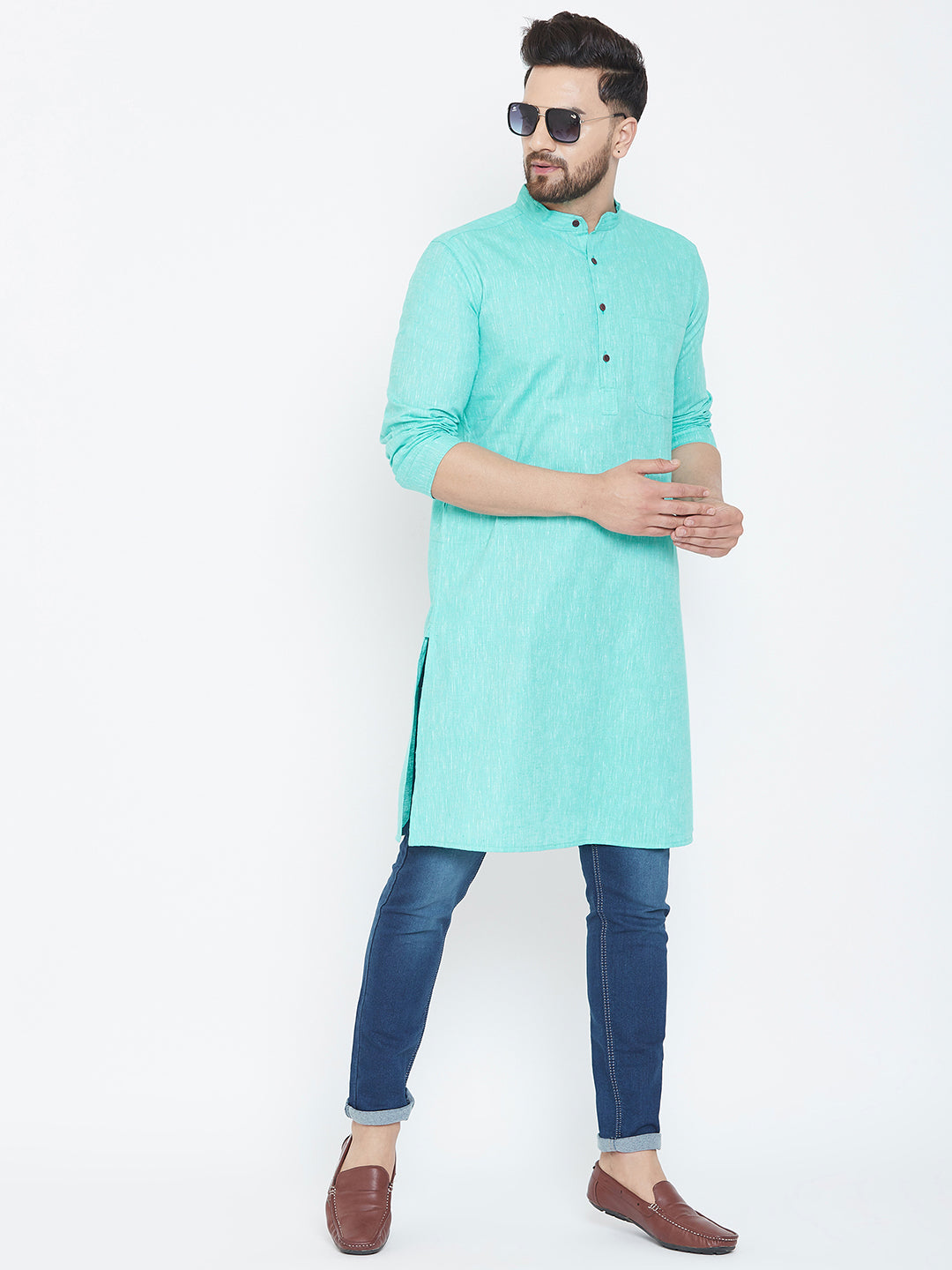 Men's Aqua Blue Cotton Kurta