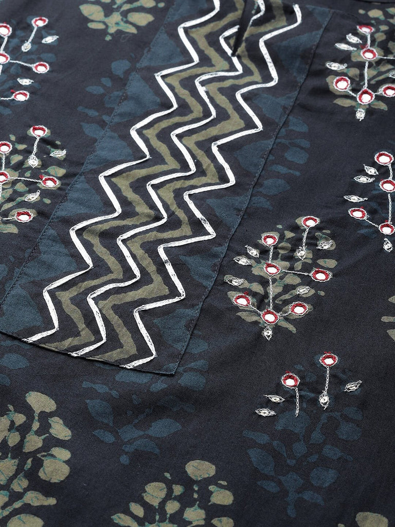 Women's Cotton Printed with Adda mirror work & Gotta detailing Kurta