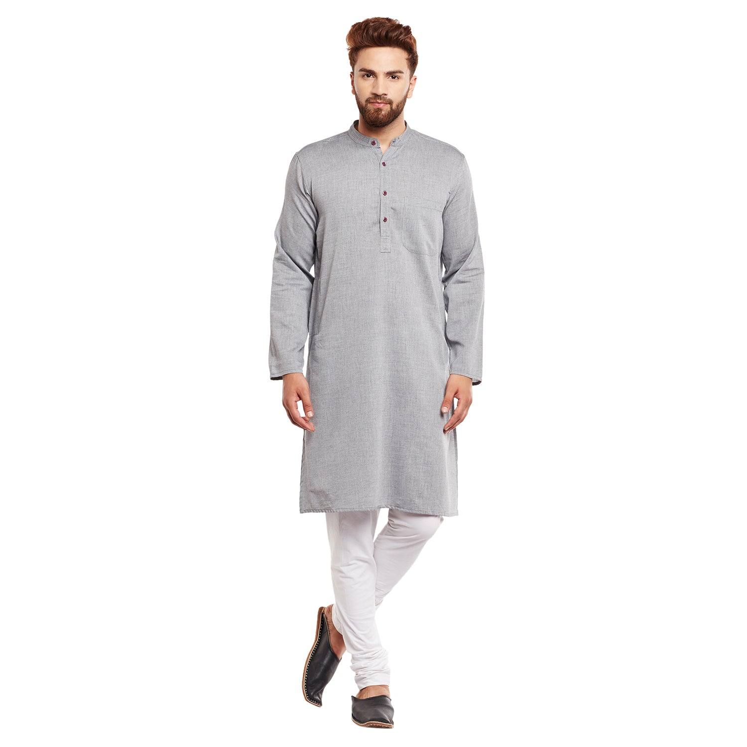 Men's Light Grey Solid Cotton Kurta  - Even Apparels