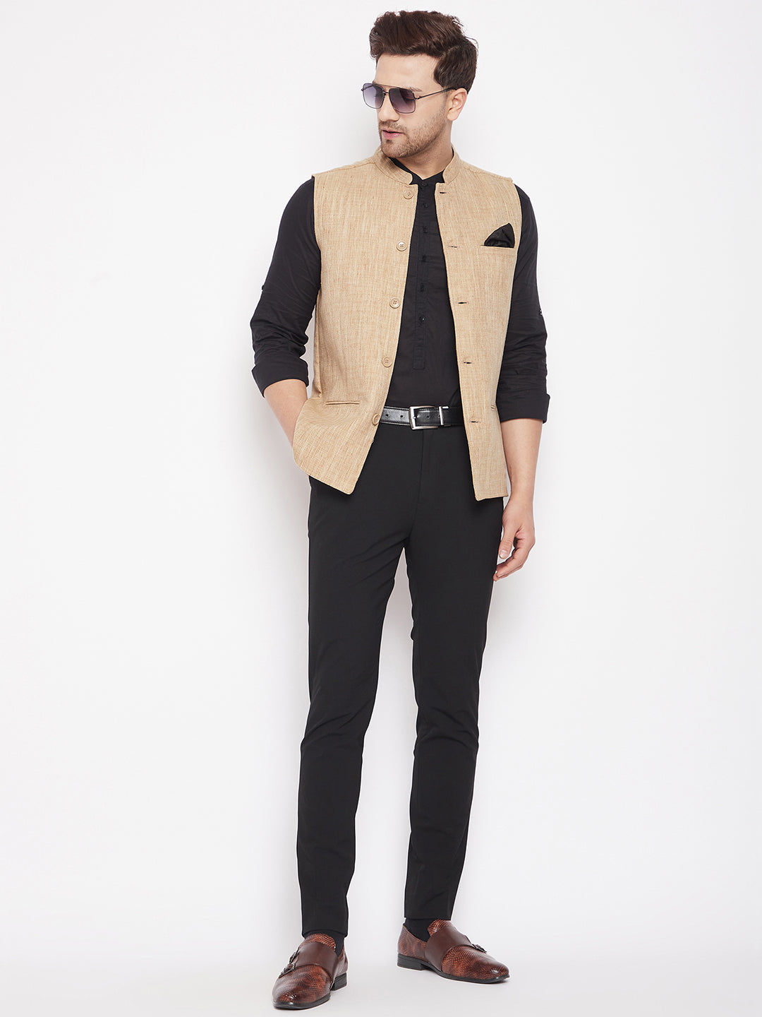Men's Beige Color Woven Nehru Jacket - Even Apparels