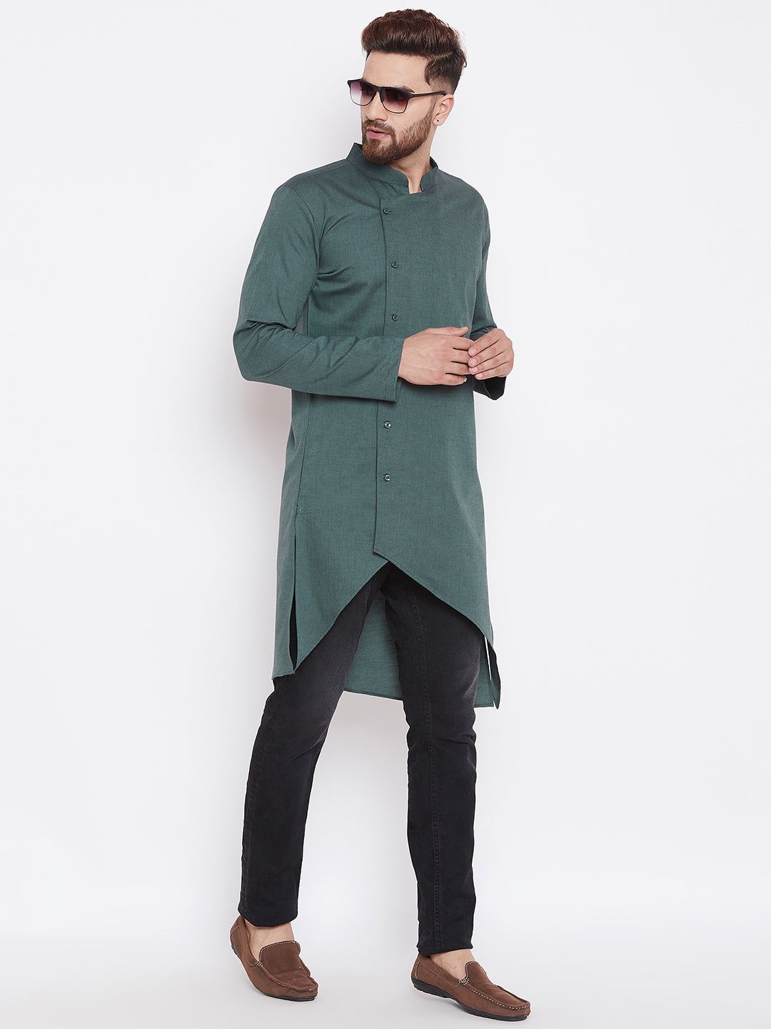 Men's Green Asymmetrical Solid Kurta