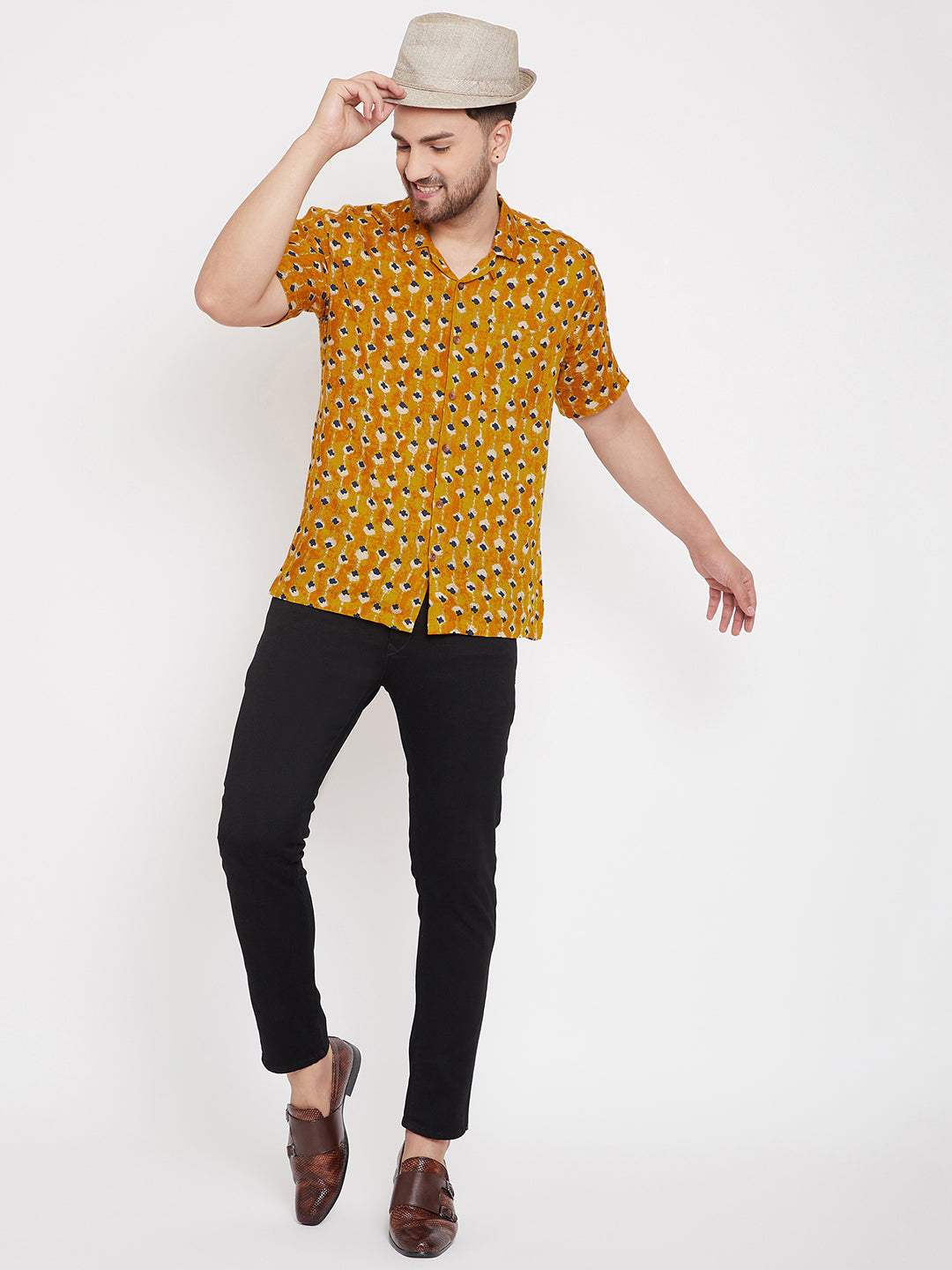 Men's Mustard Cuban Collar Shirt