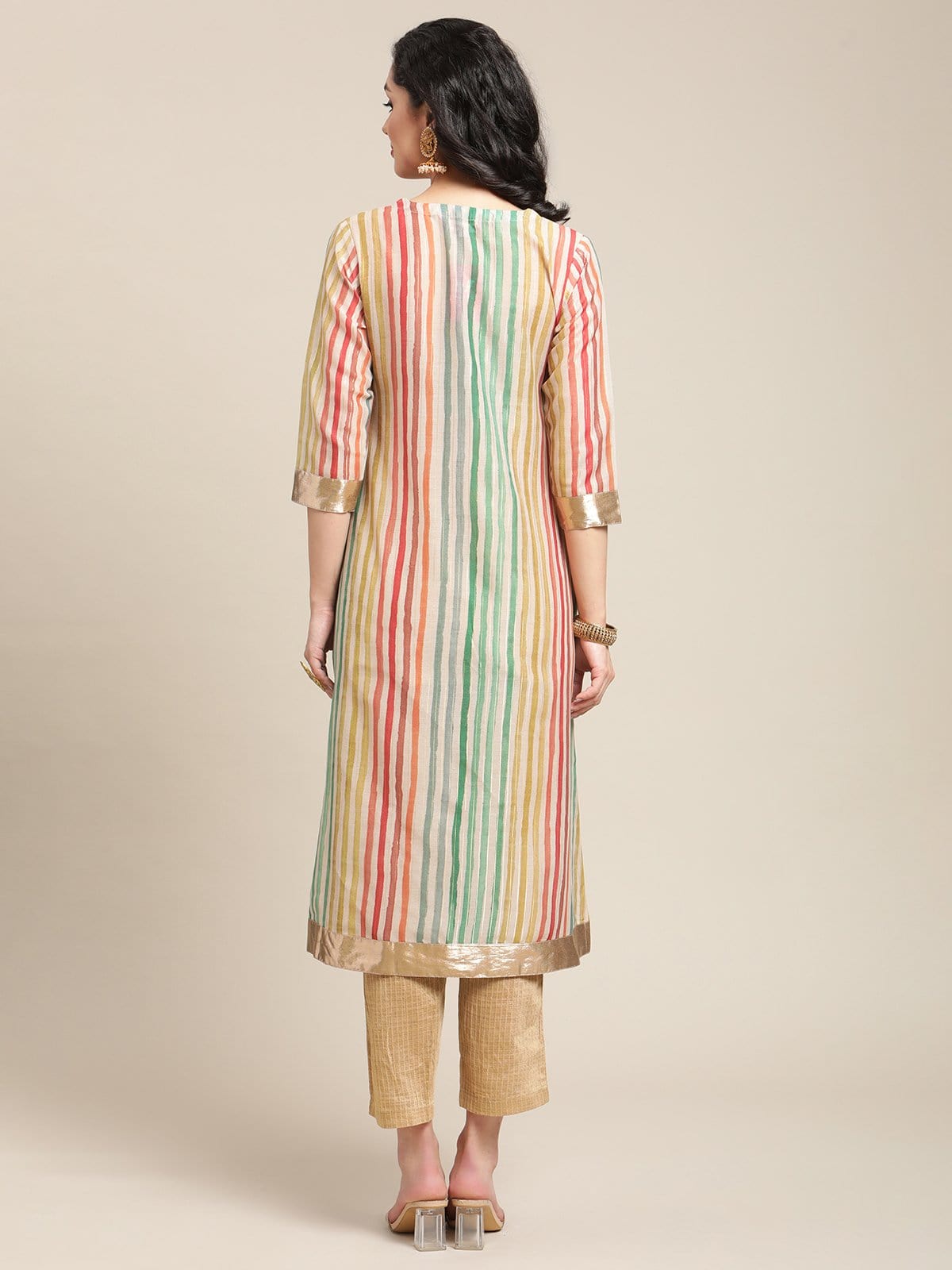 Women's Multicolored Striped V Neck A-Line Kurta With Shimmer Taping - Varanga