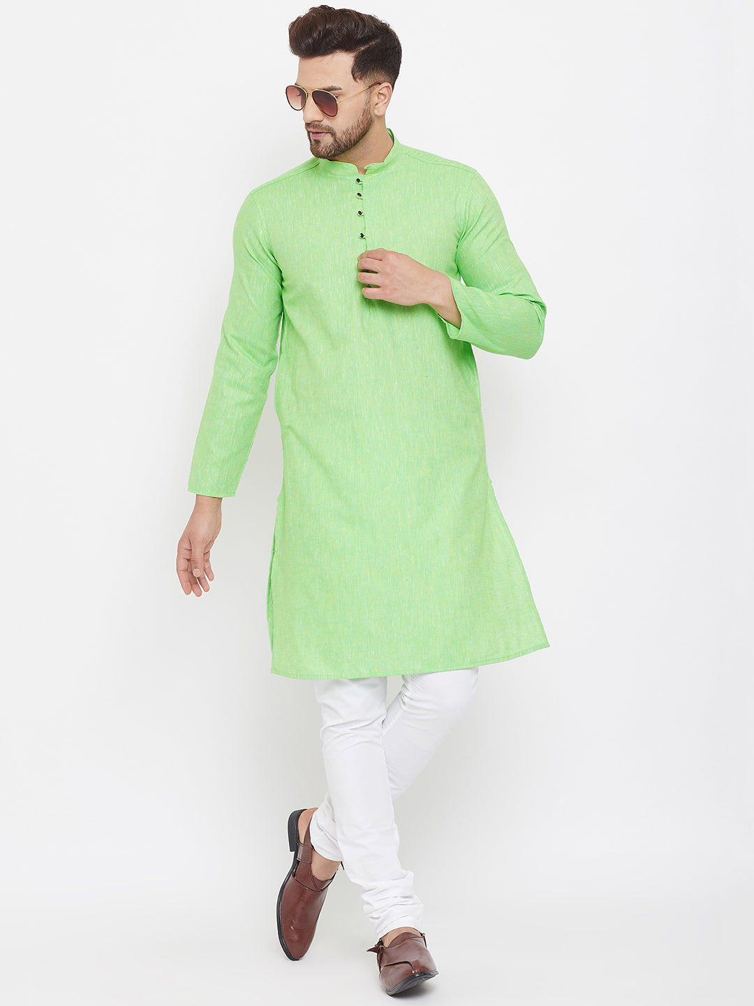 Men's Solid Green Placket Detail Cotton Kurta