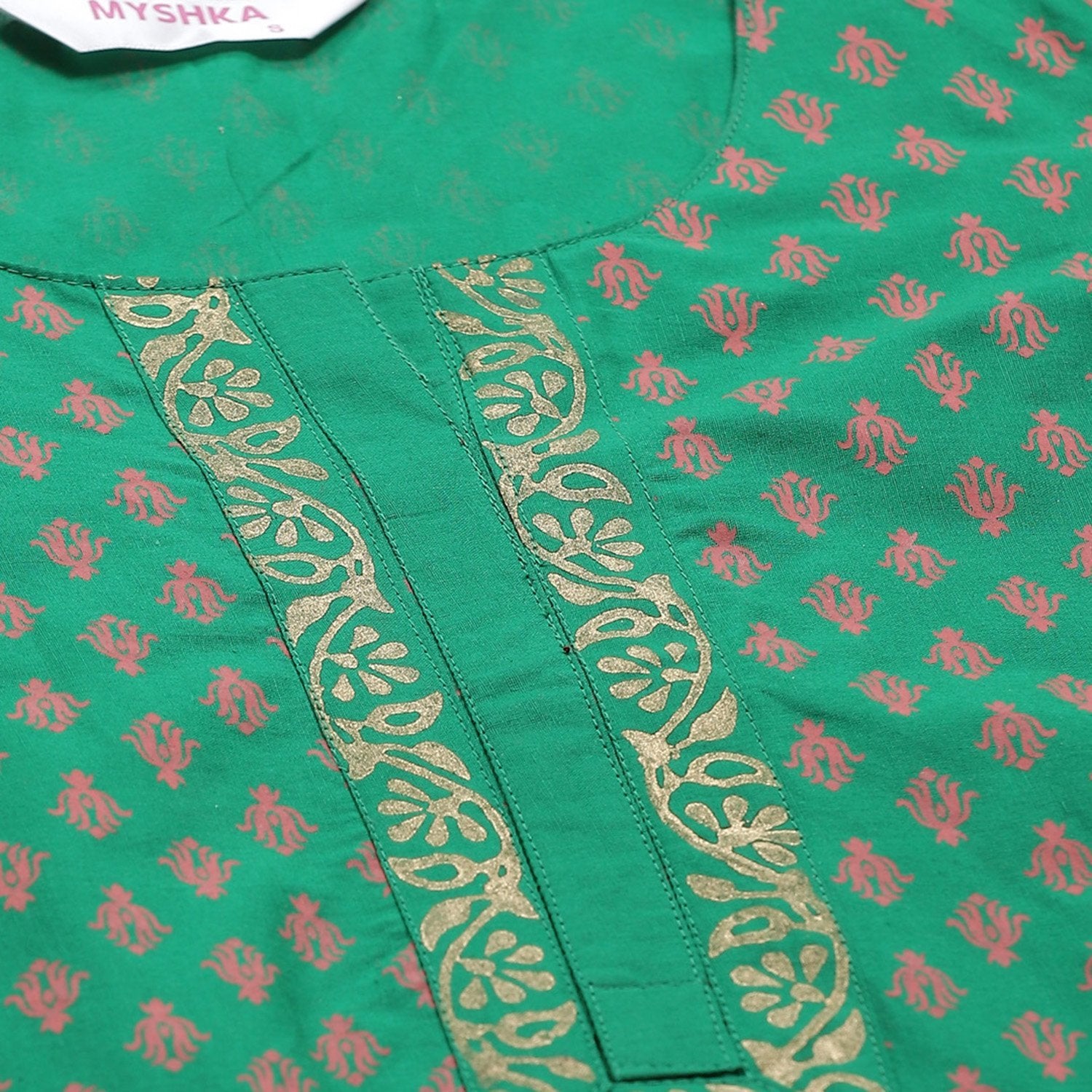Women's Green Cotton Printed 3/4 Sleeve Round Neck Casual Kurta Only - Myshka