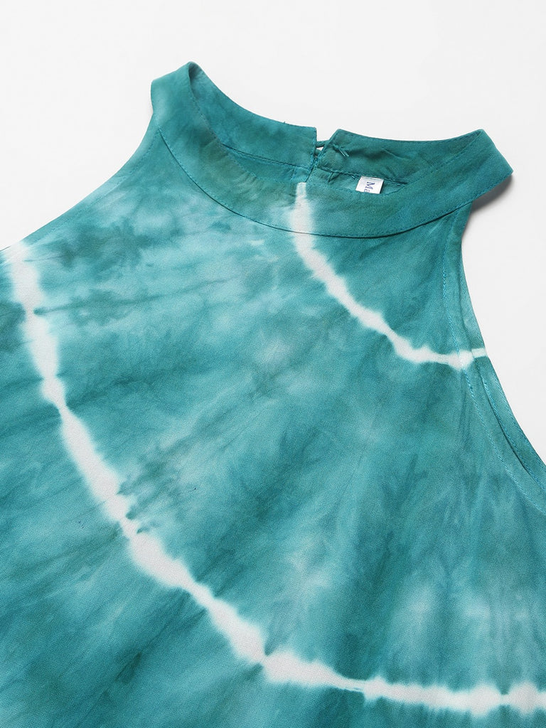 Women's Sea Green Lehriya Halter Tie-dye Rayon Dress
