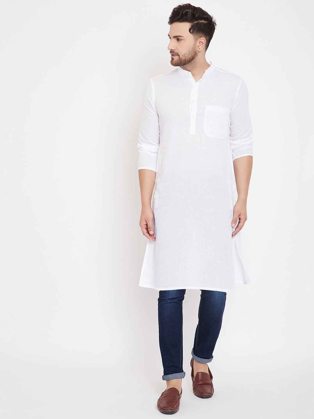 Men's Cotton White Solid Kurta