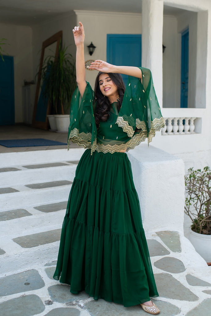 Women's Bottle Green Cape Lehenga Choli Green / XL | Trendia Global Women's Bottle Green Cape Lehenga Choli Green / XL | Trendia Global