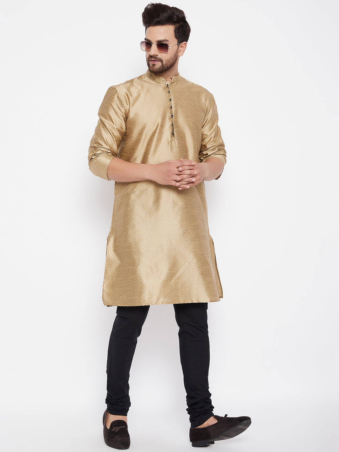 Men's Woven Design Gold Straight  Kurta - Even Apparels