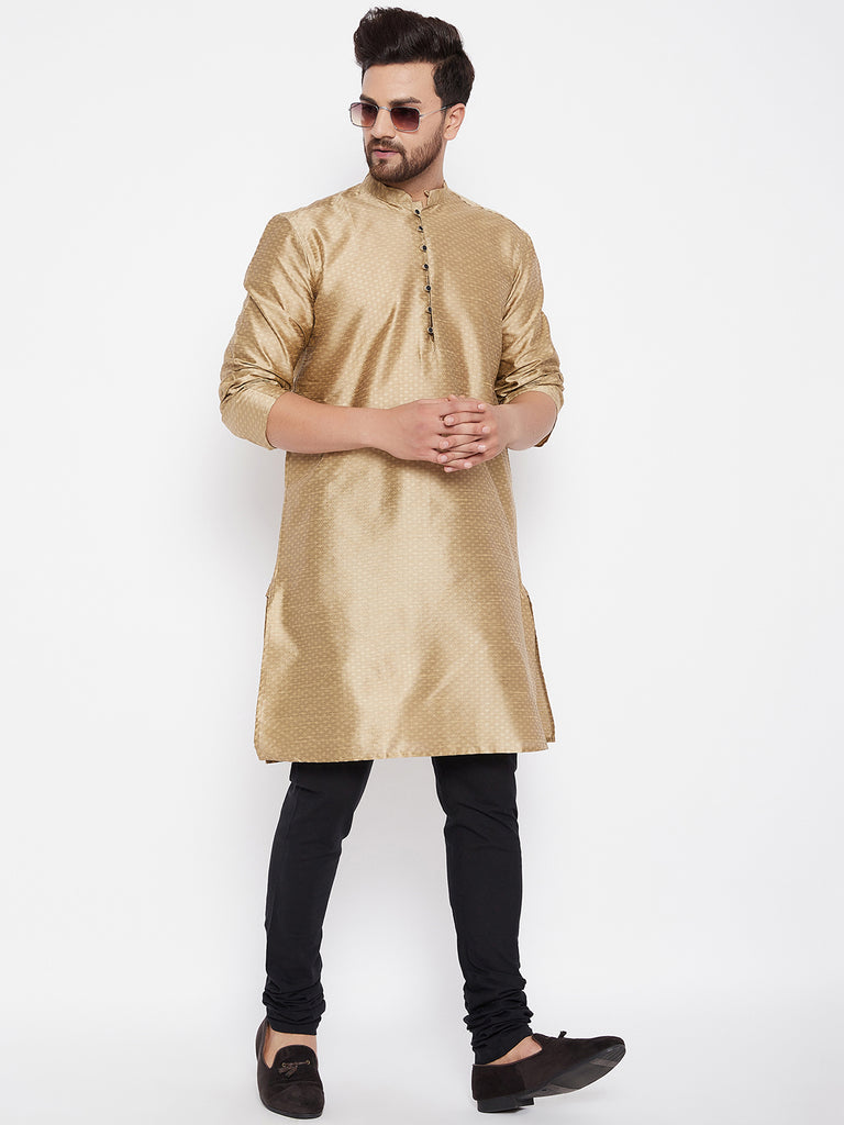 Men's Woven Design Gold Straight  Kurta