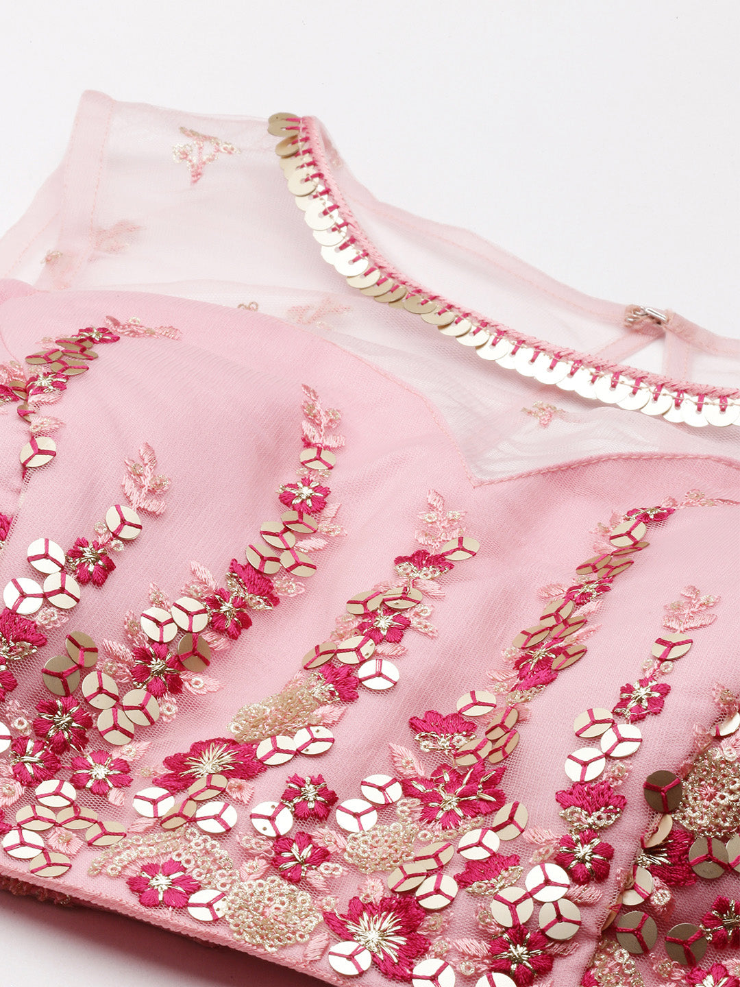 Women's Coral Pink Net Sequince Work Lehenga & Blouse, Dupatta - Royal Dwells