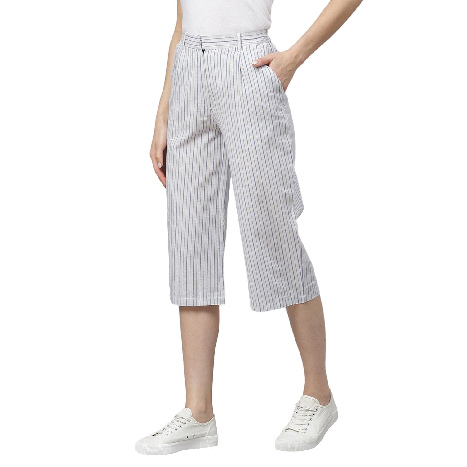Women White Striped Cotton Culottes Trousers by Myshka (1 Pc Set)