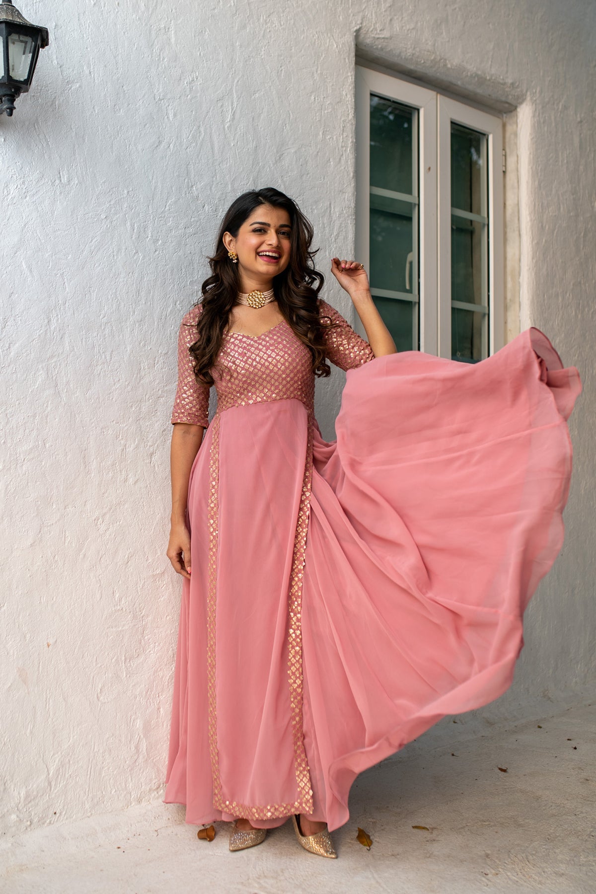 Women's Dusty Pink Sequin Pannel Long Dress - Label Shaurya Sanadhya