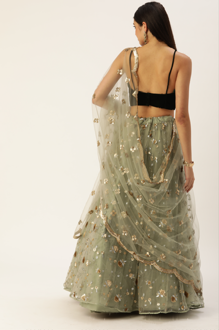 Women's Olive Net Sequince Embroideried  Lehenga & Blouse With Dupatta - Royal Dwells