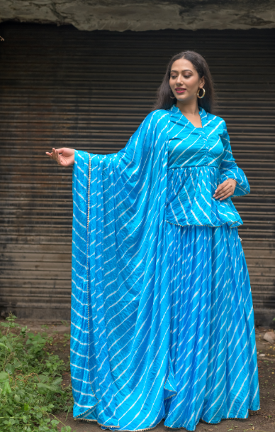 Women's Blue  Upada Silk Lehenga With Bijiya And White Tassels Set - Saras The Label