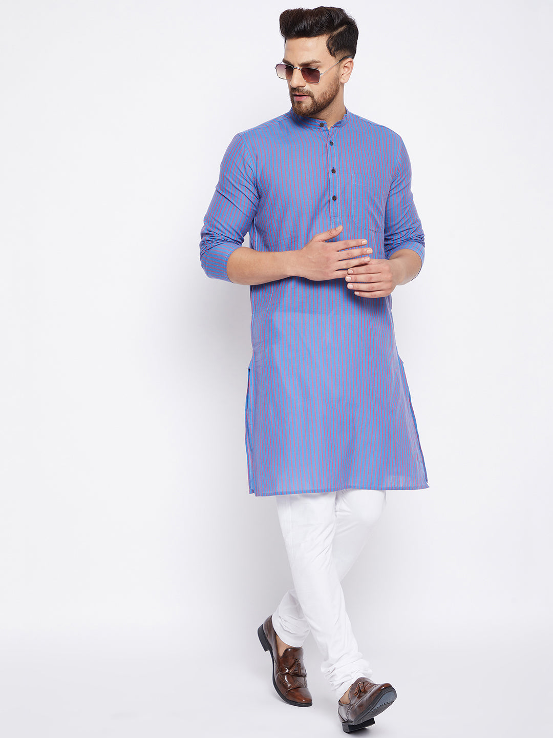 Men's Pure Cotton Striped Blue Kurta - Even Apparels