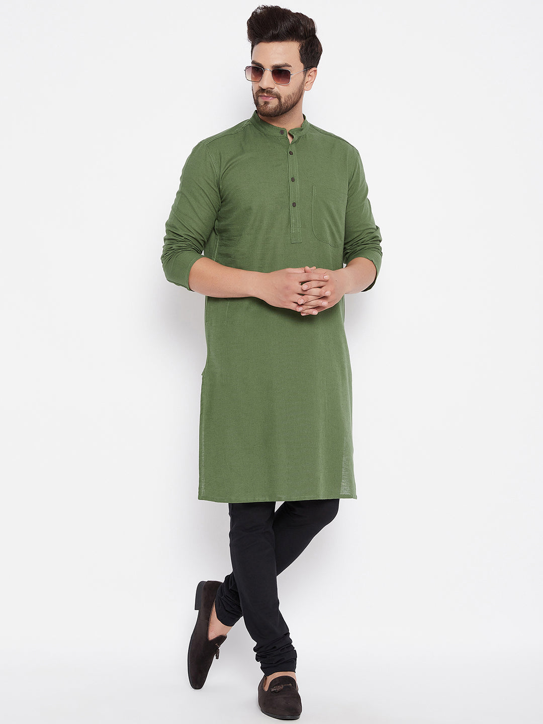 Men's Solid Linen Green Straight Kurta - Even Apparels