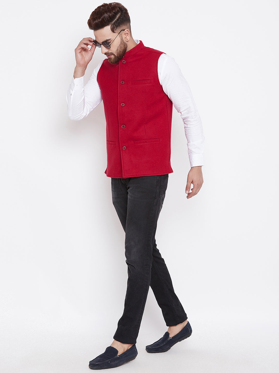 Men's Pure Wool Red Nehru Jacket - Even Apparels